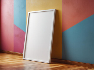 Vertical poster frame mockup leaning against a plain colorful wall with wooden floor, ideal for art print or home decor branding.