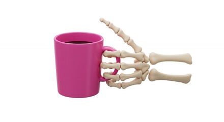 Pink mug held by skeleton hand