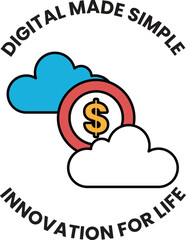 A white circle with a dollar sign in the middle and clouds surrounding it