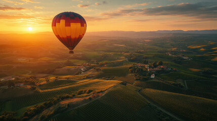 Obraz premium a hot air balloon flying over scenic valleys and vineyards during golden hour