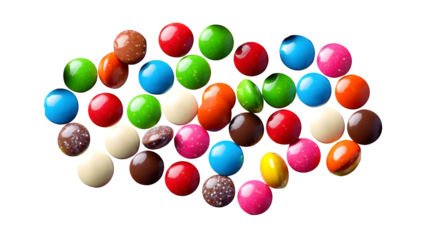 Cheerful chocolate candy pills against a white background. Top-down view