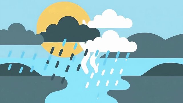 A stylized landscape illustration of a sun shower with rain falling over a river and hills.