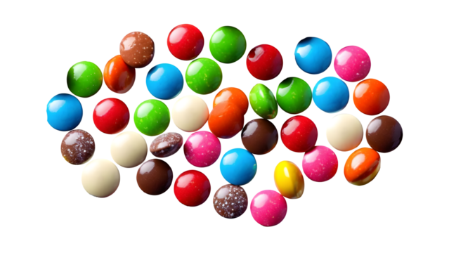 Cheerful chocolate candy pills against a white background. Top-down view