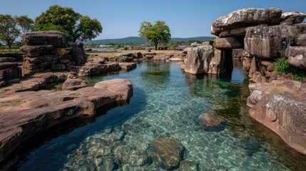Obraz premium Crystal-clear water flows between ancient rocks. Lush trees line the banks