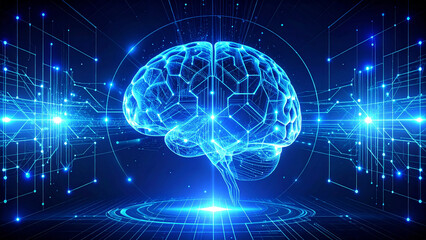 Digital brain concept on a futuristic technology background. Glowing neural network and artificial intelligence core visualization.