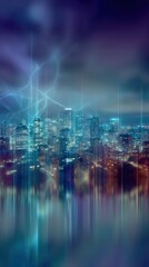 City skyline at night with ethereal energy