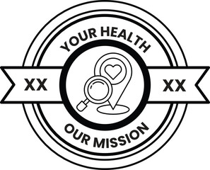 A black and white logo with a magnifying glass and a heart
