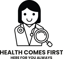 A woman doctor is smiling and holding a magnifying glass