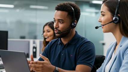 A team of customer service representatives are working at a call center with headsets - Powered by Adobe