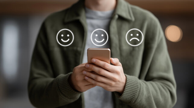 Person holding a smartphone with floating emoji feedback icons (happy, neutral, sad), concept of user satisfaction and digital rating system