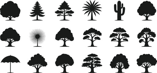 Set of tree silhouette icons including pine, oak, cactus, palm, umbrella tree, detailed black shapes, nature elements, forest vector.