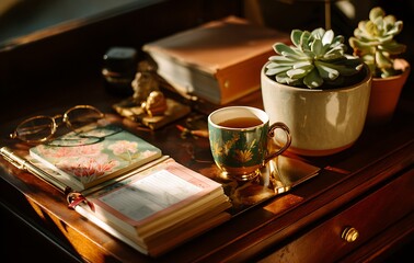 Warm Morning Light on Wooden Desk with Tea, Succulents, and Journal