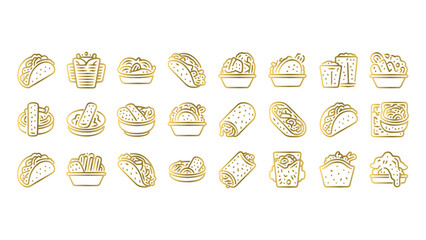 Golden Fast Food Icons on Transparent Background for Restaurant Menu and Food Delivery Services