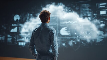 Data analysis with man looking at cloud computing interface charts