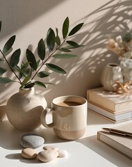 Beige Mug of Coffee with Greenery and Stones on a Desk