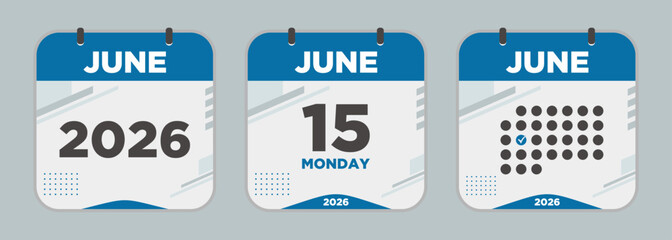 Modern Calendar icon. June. 2026 15 day. The concept of waiting for an important date. Day calendar with date June 15. Cheklist day calendar. Vector illustration