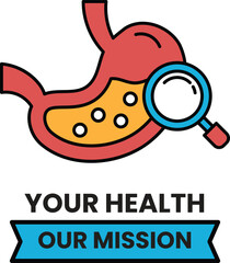 A black and white image of a stomach with a magnifying glass on it