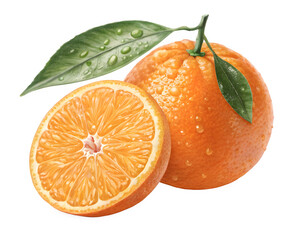 Fresh ripe orange fruit with water droplets and green leaves