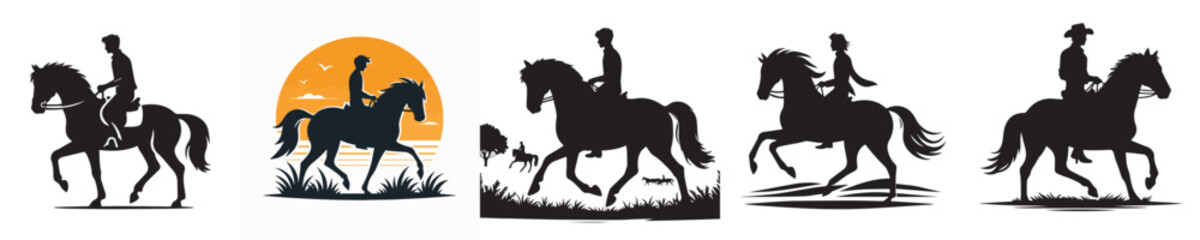 vector of young man riding a horse silhouette