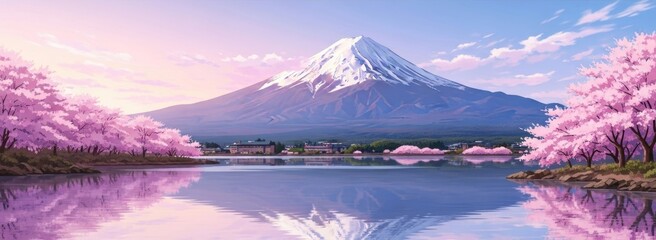 Fototapeta premium Pixel art of Mount Fuji with cherry blossoms reflecting in a serene lake at sunrise or sunset