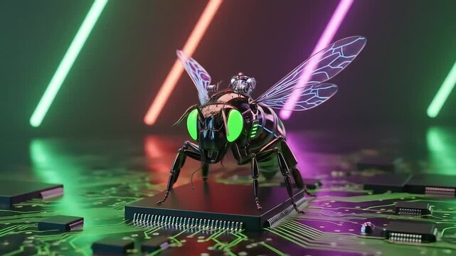 Futuristic Robotic Bee Crawling on Glowing Microchip Circuit in Neon Lab