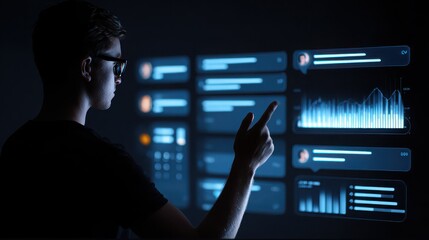 Man Interacting with Digital Interface Displaying Data and Information