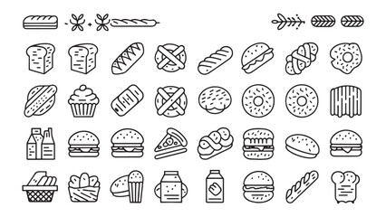 Bakery and Bread Icons Set Outline Style Vector Illustration Delicious Food and Pastries
