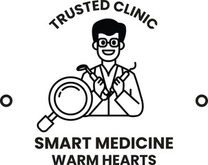 A man holding a magnifying glass and a pair of dental tools