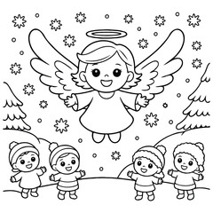 Christmas Angel Flying with Children Holiday Coloring Page