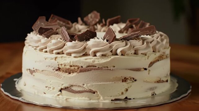 Delicious Ice Cream Cake with Creamy Frosting and Chocolate Pieces On Silver Cake Stand Perfect For Bakery Promotions and Special Occasions In Slow Motion with Elegant Presentation