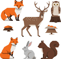 Obraz premium Geometric Forest Animals Illustration Set: Fox Deer Owl Squirrel Rabbit Mushrooms