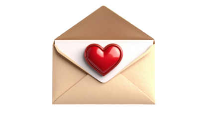 Beige envelope with a red heart-shaped object isolated on a transparent background.