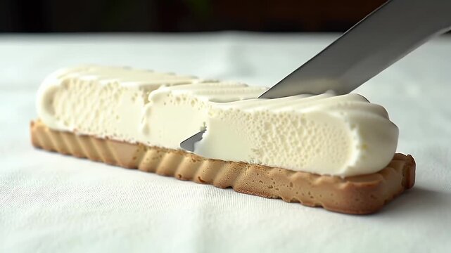 Delicious Italian Style Cornetto Dessert on White Tablecloth Featuring Golden Brown Crust and Creamy White Filling Close Up Presentation Sweet Pastry Display and Perfect for Bakery and Pastry