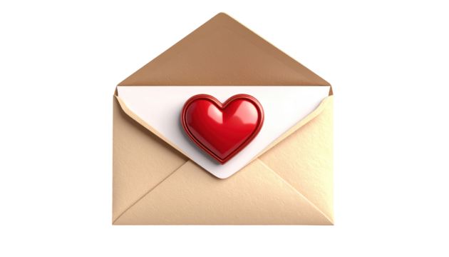Beige envelope with a red heart-shaped object isolated on a transparent background.