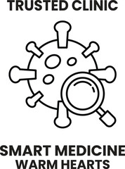 A black and white image of a virus with a magnifying glass over it