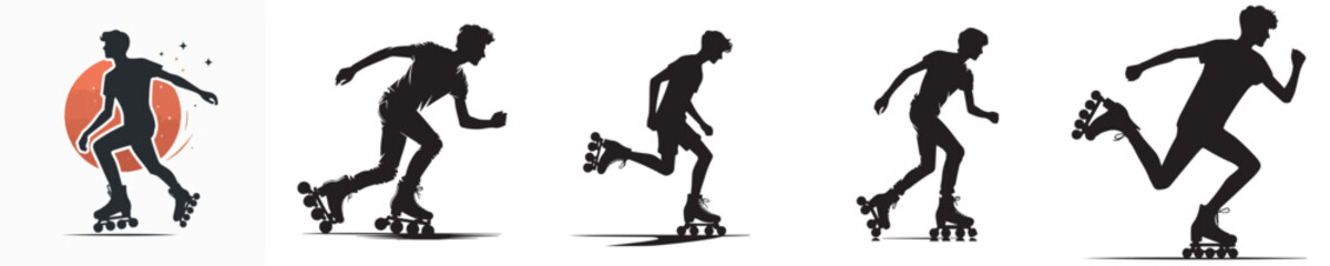 silhouette of young man playing roller skates vector
