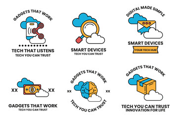 set of illustrations in the concept of cloud technology in line art style