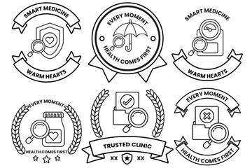 set of health related badges with a magnifying glass in the middle