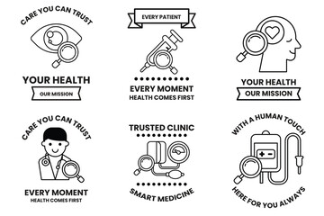 set of health related badges with a magnifying glass in the middle