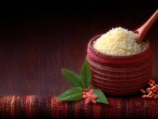Creamy, yellow grains in a woven bowl