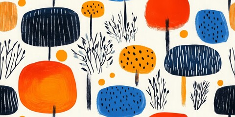 seamless pattern with stylized trees in a mid-century modern style. The illustration features vibrant colors and hand-drawn textures for backgrounds, banners, or creative design projects.