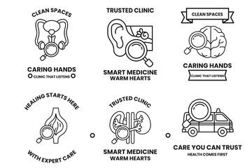 set of health related badges with a magnifying glass in the middle