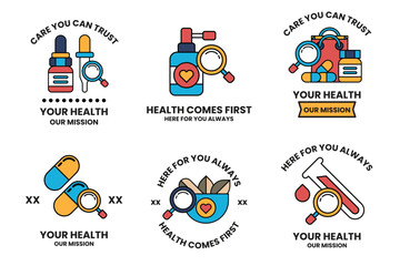 set of health related badges with a magnifying glass in the middle