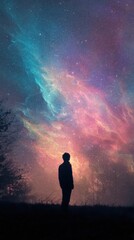 Obraz premium Silhouette of a Person Standing Against a Colorful Cosmic Background in Deep Space
