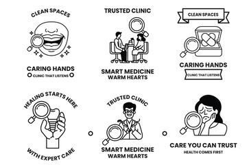 set of health related badges with a magnifying glass in the middle