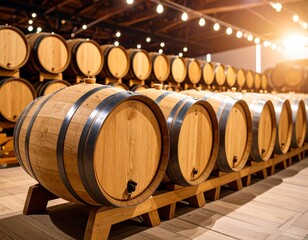Vintage oak wine barrels are stored in a dark cellar