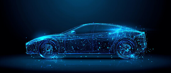 Futuristic digital representation of a sleek sports car composed of glowing blue particles and lines against a dark background, symbolizing technology and innovation