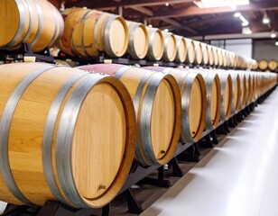 Vintage oak wine barrels are stored in a dark cellar