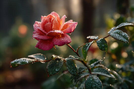 Morning sunlight shines on a pink rose adorned with dew drops - Powered by Adobe
