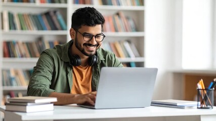 Cheerful Indian student enjoying an online course, using a laptop and headphones in a university library - Powered by Adobe